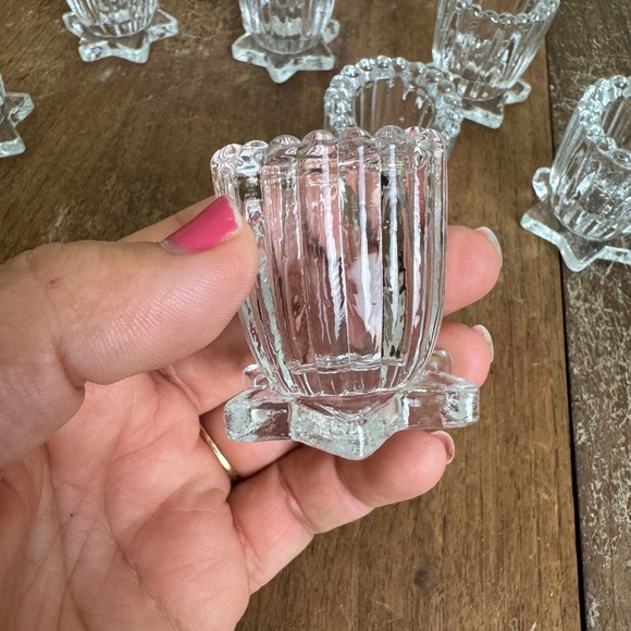 Vintage Set 7 Pressed Glass Star Base Scalloped Edge Candle holder Salt Cellar - Picture 7 of 8